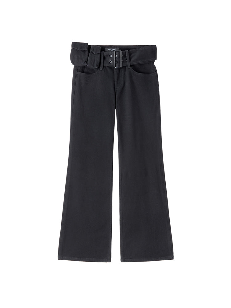 Black Cargo Flared Jeans With Detachable Belt