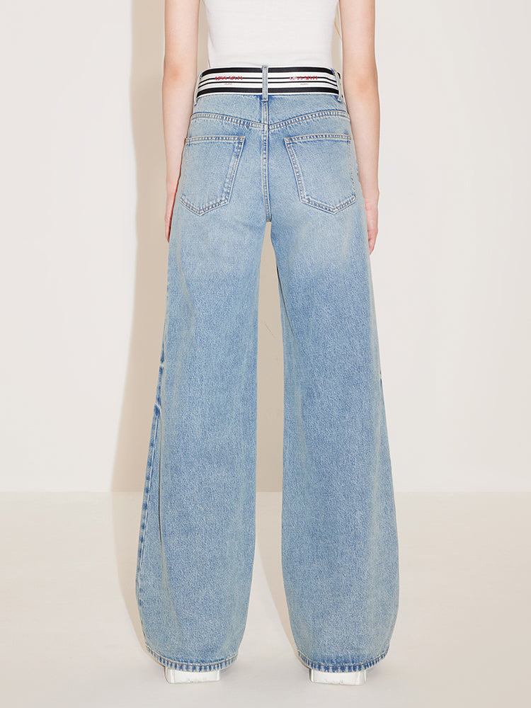 Wide-Leg Flared Jeans With Striped Waistband