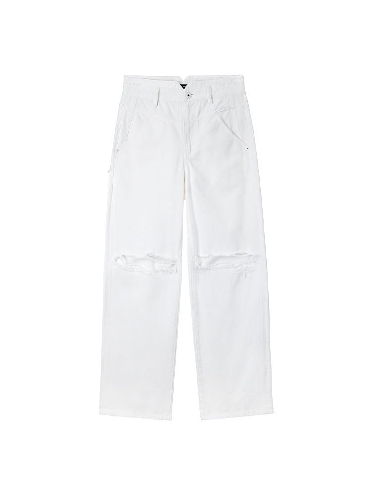 V-Shape Waist Ripped White Jeans