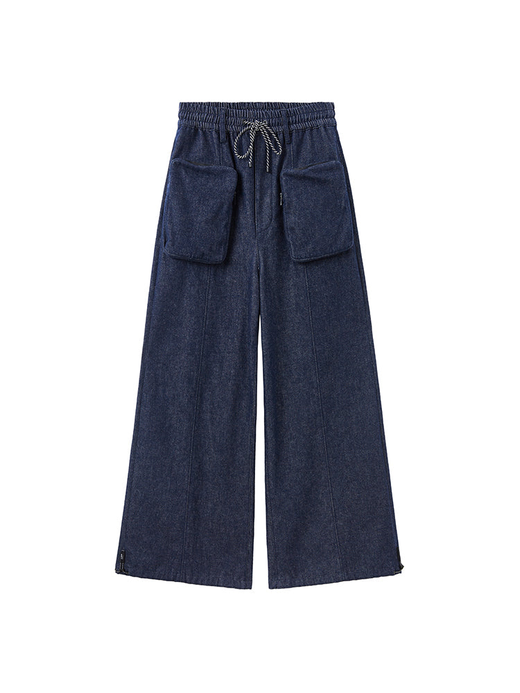Cargo Style Wide Leg Jeans With Pockets