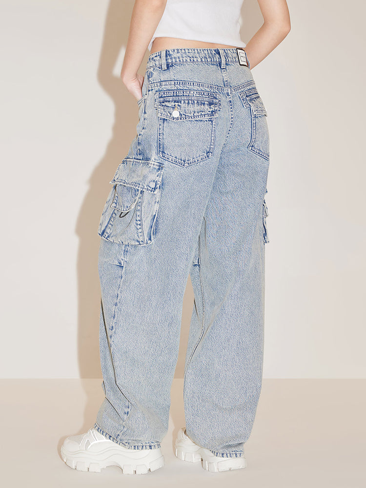 Cargo Style Pockets Straight Jeans