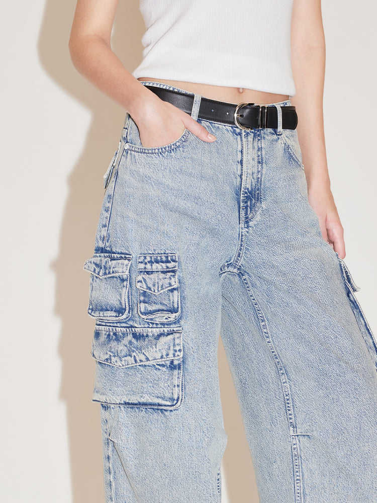 Cargo Style Pockets Straight Jeans