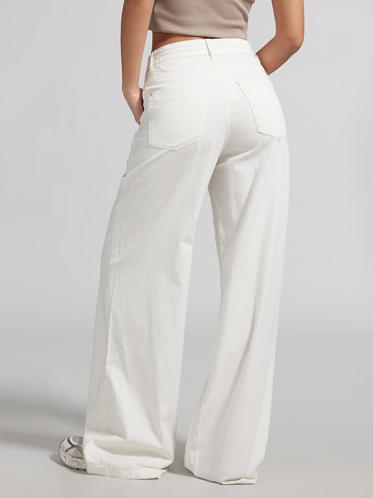 White Wide Leg Jeans With Drawstring