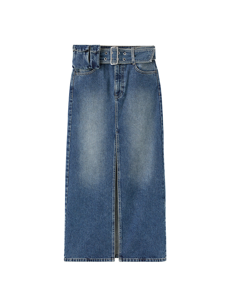 Cargo Style Denim Skirt With Detachable Belt