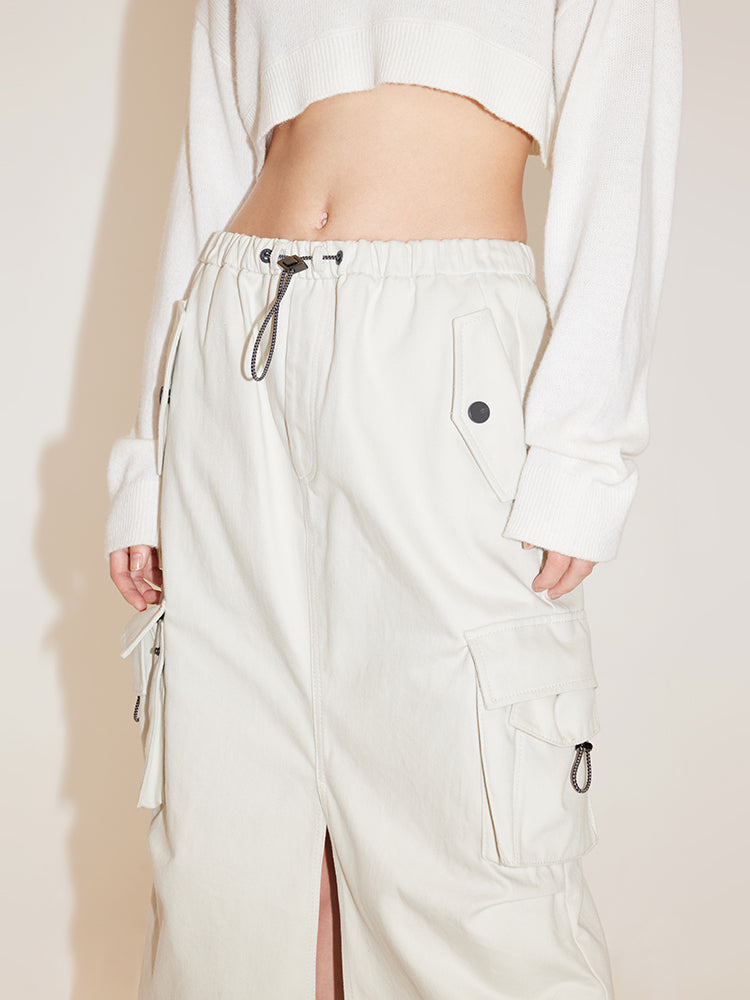 Cargo Style Elastic Waist Denim Skirt