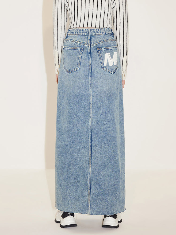 High Waist Denim Slit Skirt With Asymmetrical Waist