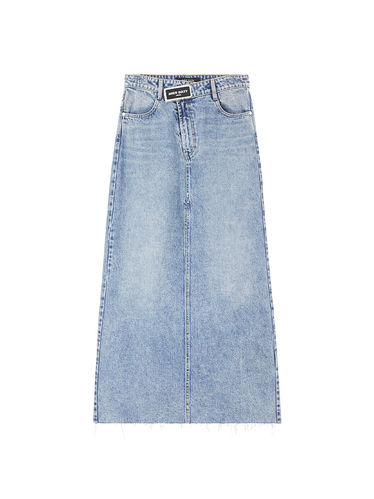 High Waist Denim Slit Skirt With Asymmetrical Waist