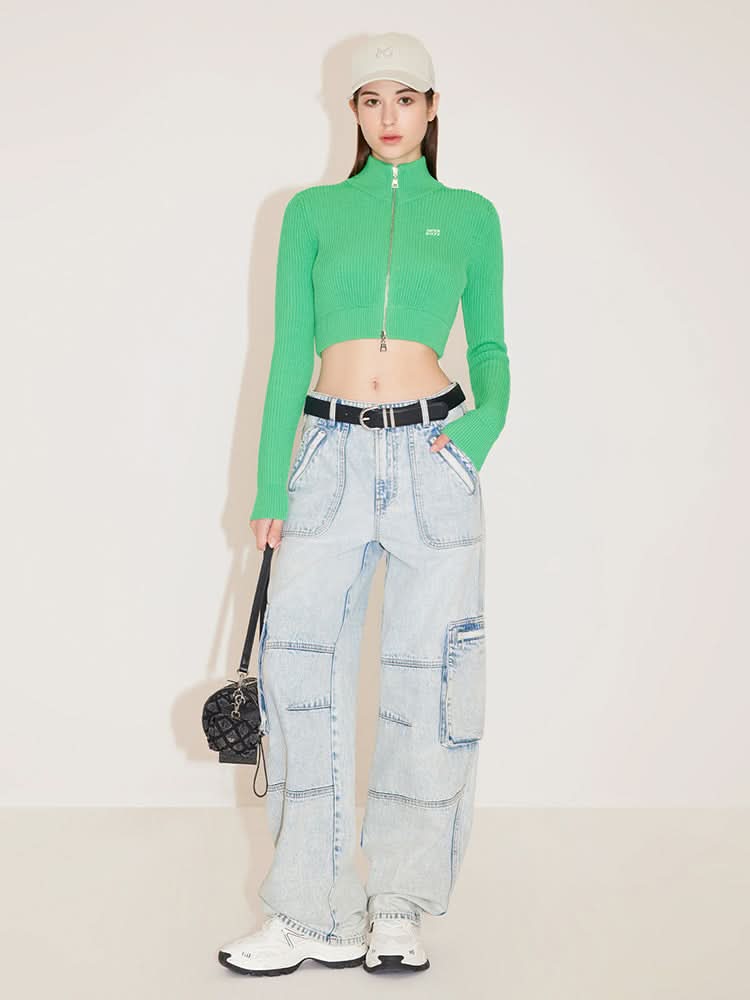 Cropped Woolen Jacket With Double Zipper