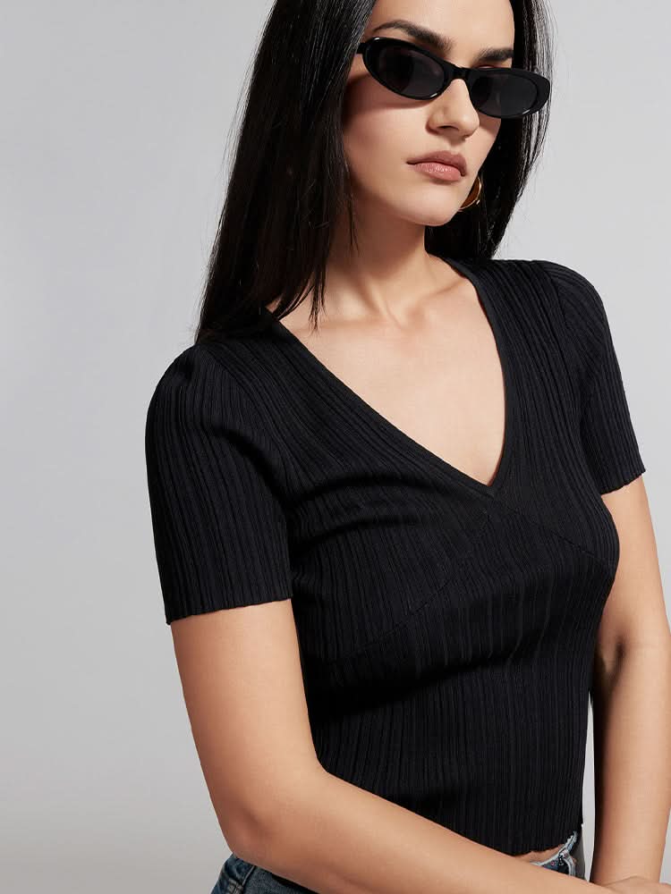 V-Neck Knit Top With Mulberry Silk