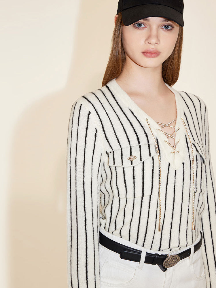 V-Neck Striped Wool Knitted Cardigan