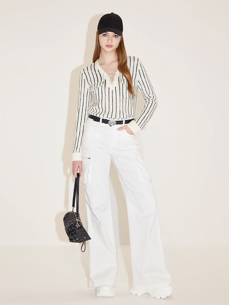 V-Neck Striped Wool Knitted Cardigan