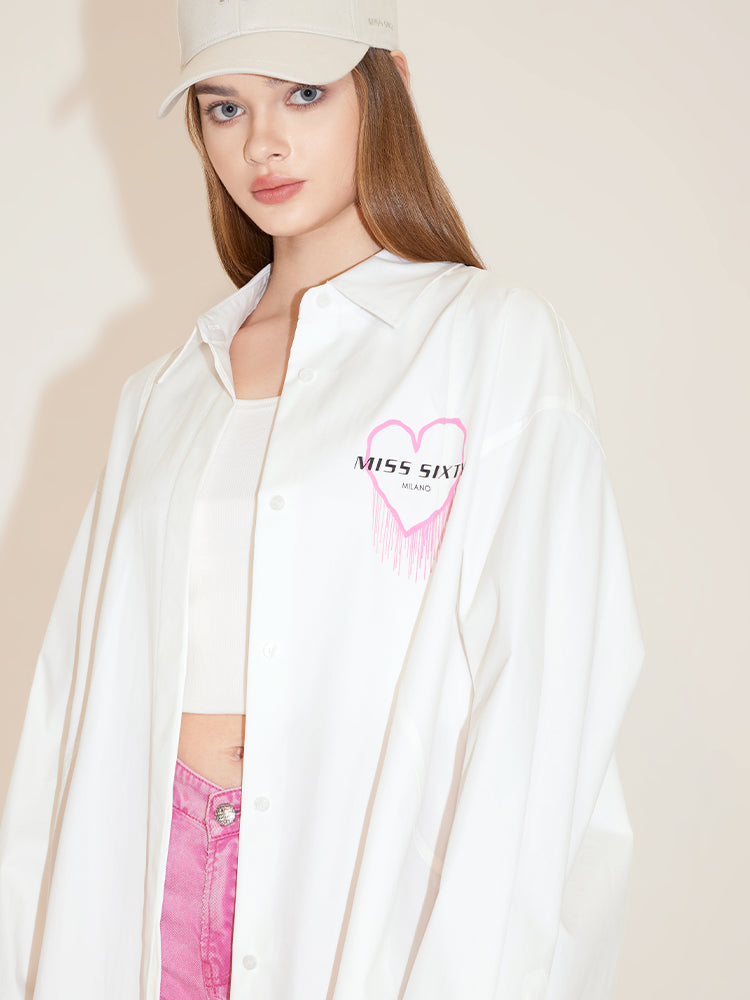 Long Sleeves Loose-Fitting Heart Shape Printed Shirt