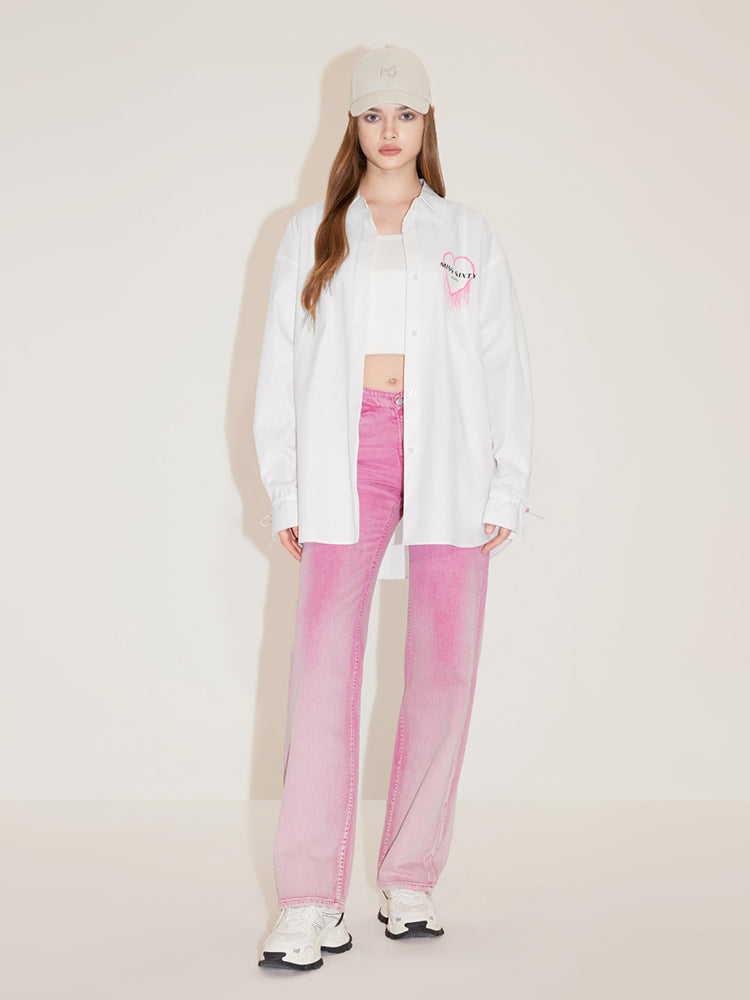 Long Sleeves Loose-Fitting Heart Shape Printed Shirt