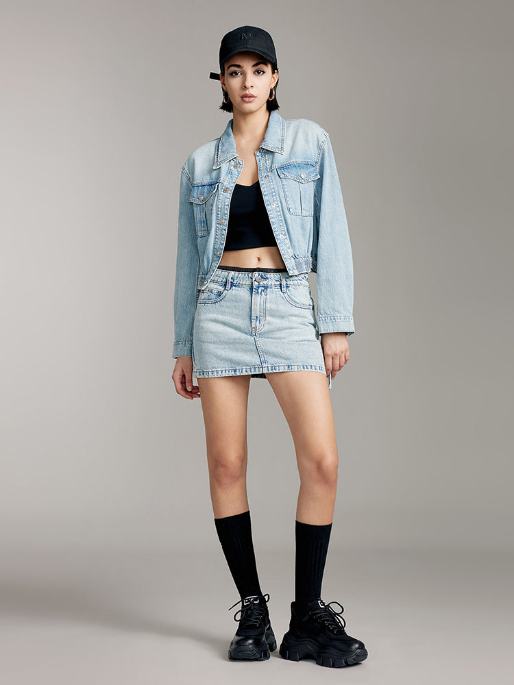 Vintage Cargo Style Denim Shirt With Ribbon