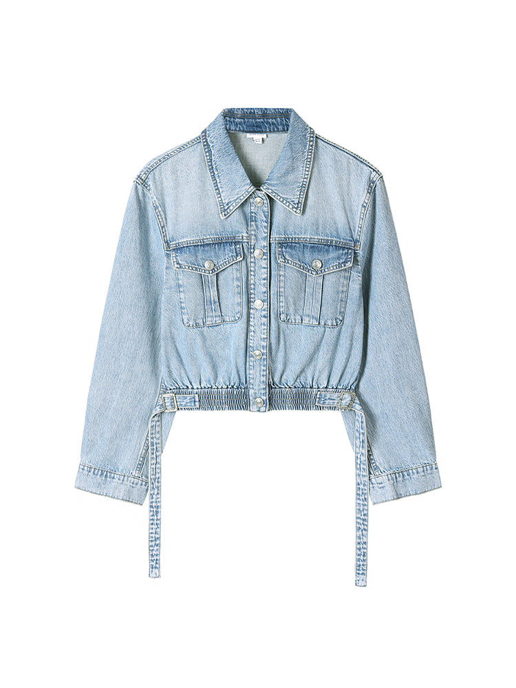 Vintage Cargo Style Denim Shirt With Ribbon