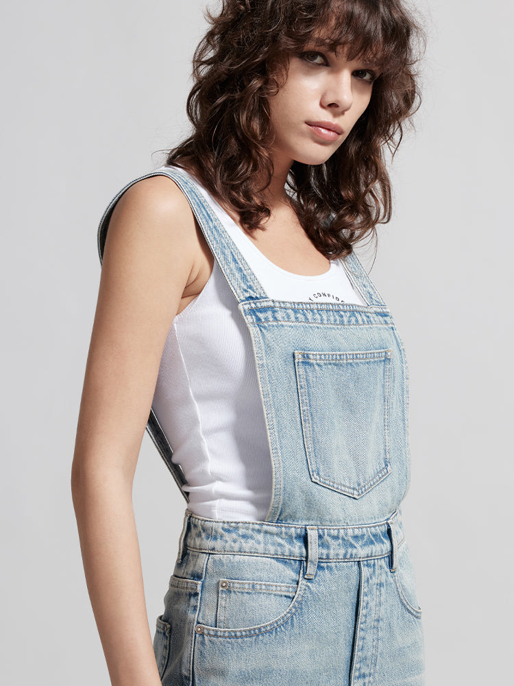 Cargo Style Denim Dress With Straps