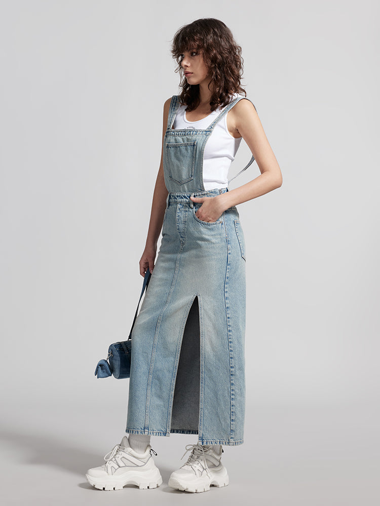 Cargo Style Denim Dress With Straps