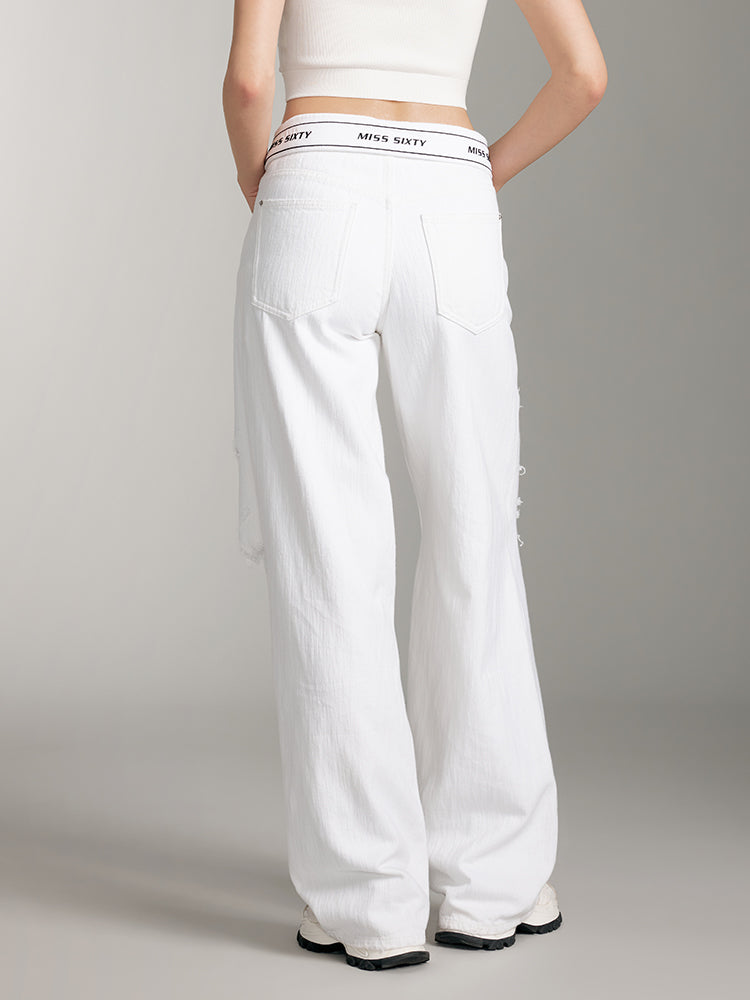 White Folded Waist Ripped Jeans