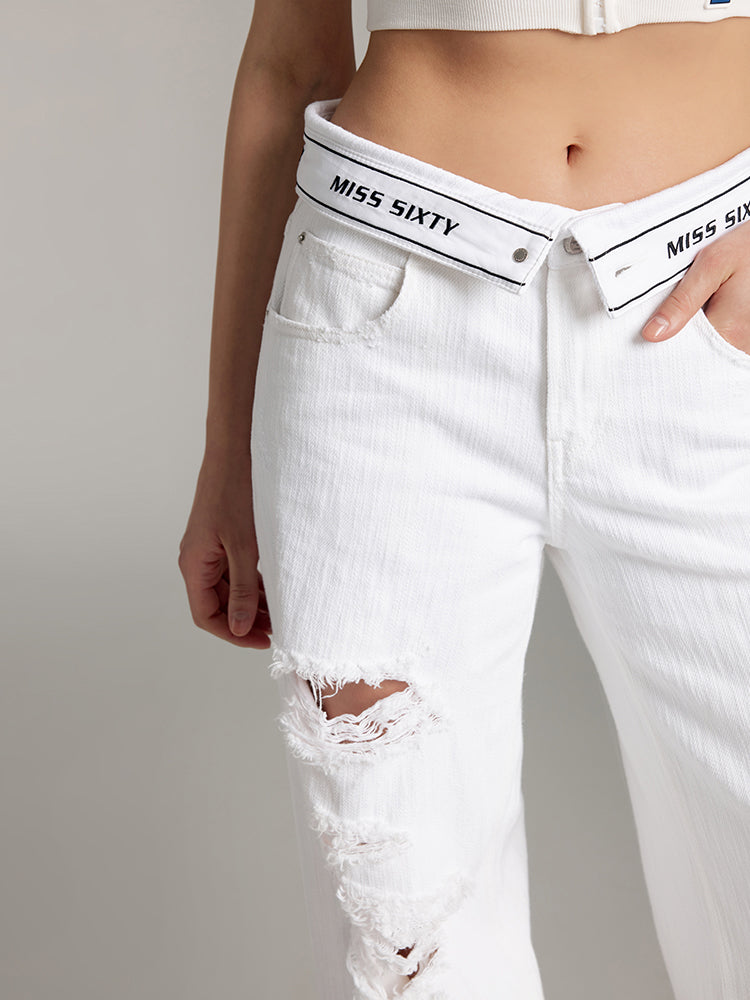 White Folded Waist Ripped Jeans