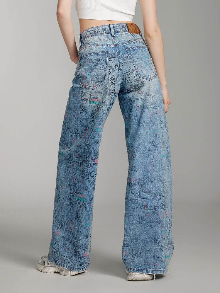 Miss Sixty x Keith Haring Capsule Collection Wide Leg Denim Pant With Print