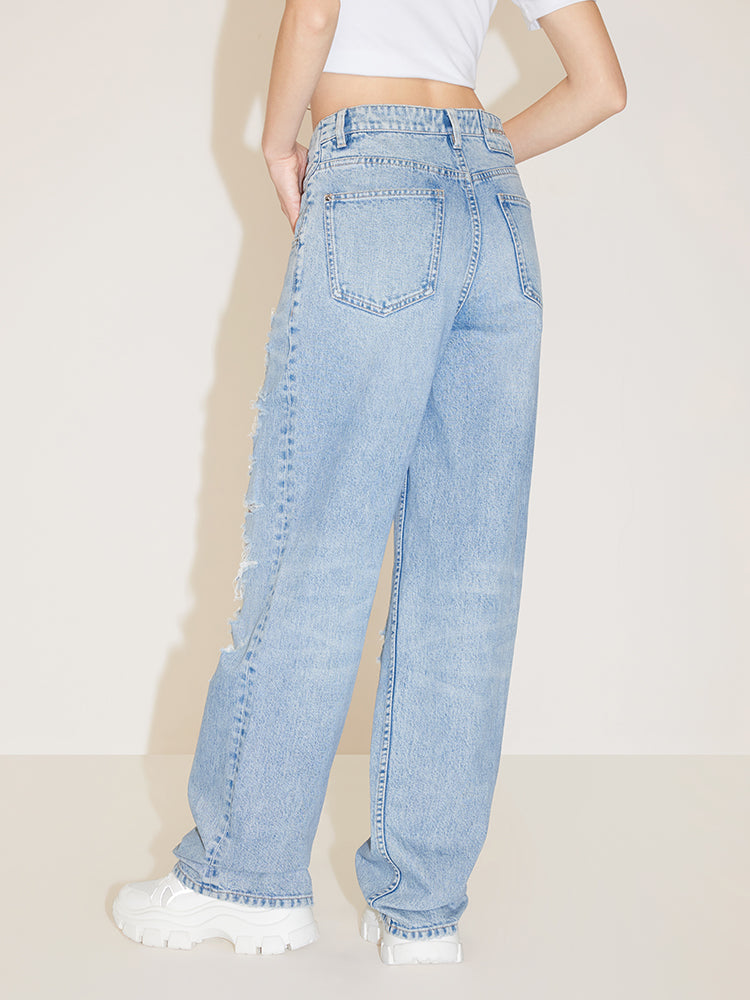 Cut Out Waist Ripped Wide Leg Jeans