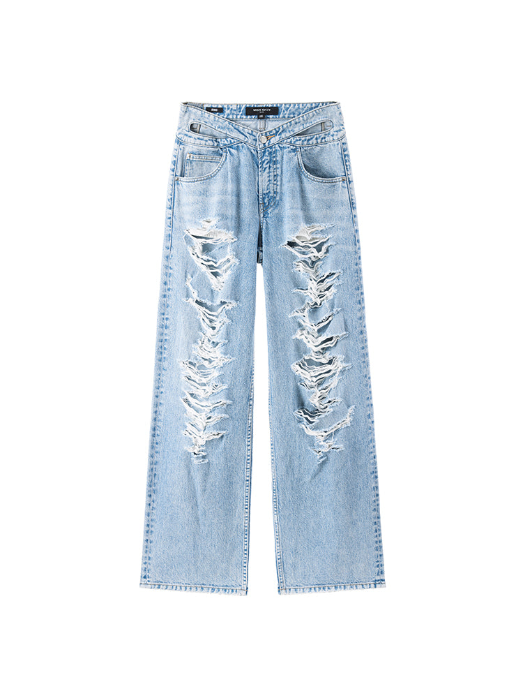 Cut Out Waist Ripped Wide Leg Jeans