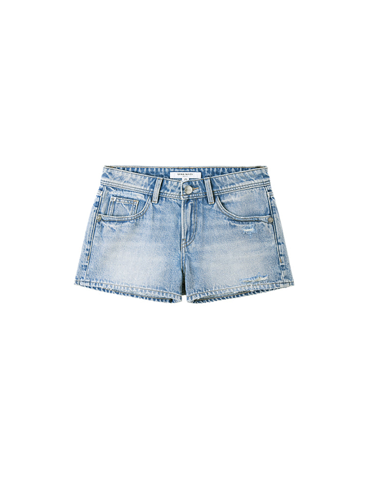 Low-Rise Ripped Denim Shorts