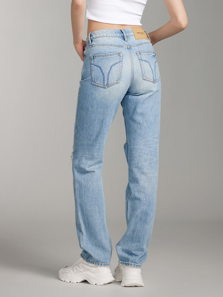 Ripped Straight Pants With Crystal Chain