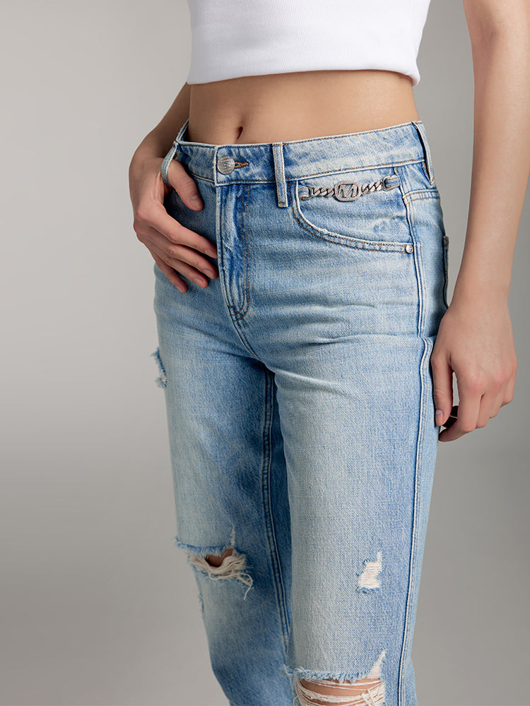Ripped Straight Pants With Crystal Chain