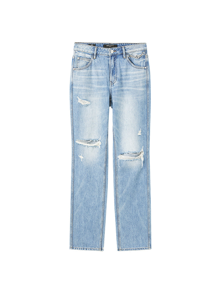 Ripped Straight Pants With Crystal Chain