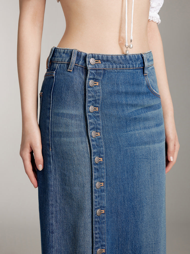 Denim Maxi Skirt With Button