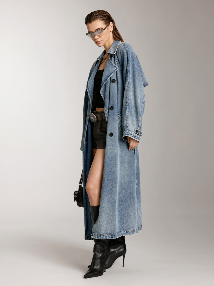 Elegant Lapel Long Fit Denim Jacket