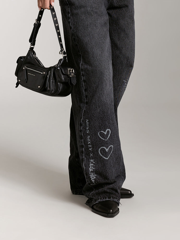 Miss Sixty X Keith Haring Capsule Collection Black Wide Leg Jeans With Printed