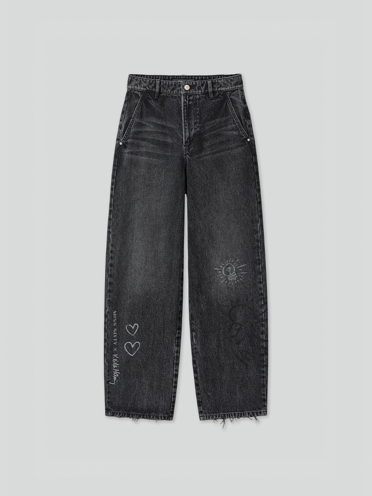 Miss Sixty X Keith Haring Capsule Collection Black Wide Leg Jeans With Printed