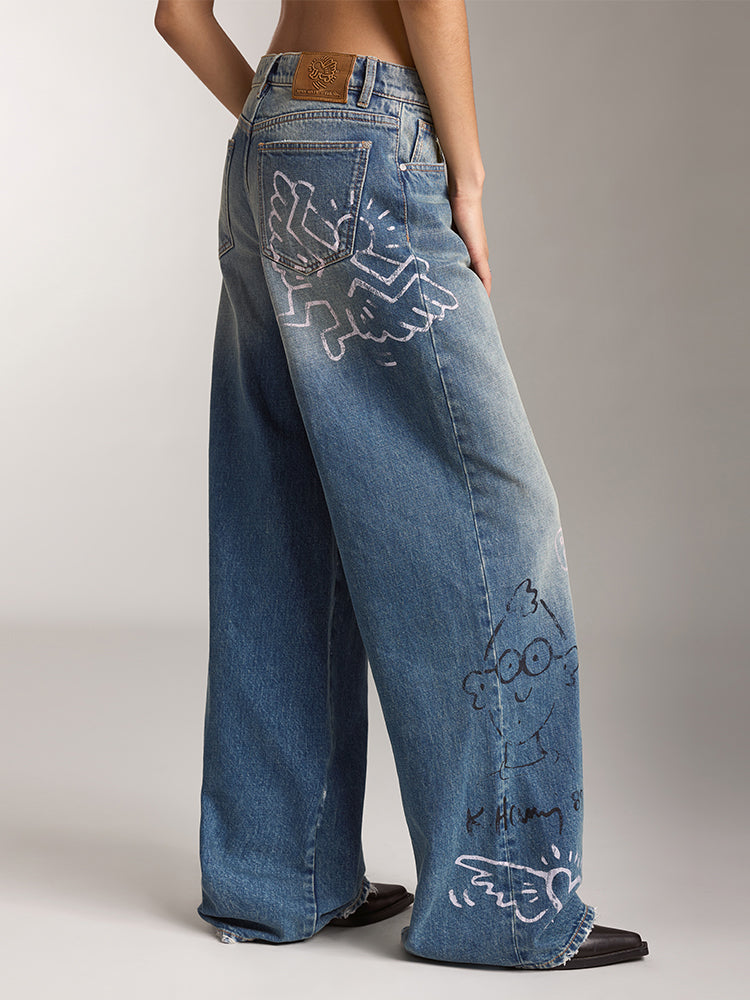 Miss Sixty X Keith Haring Capsule Collection Vintage Distressed Wide-Leg Jeans