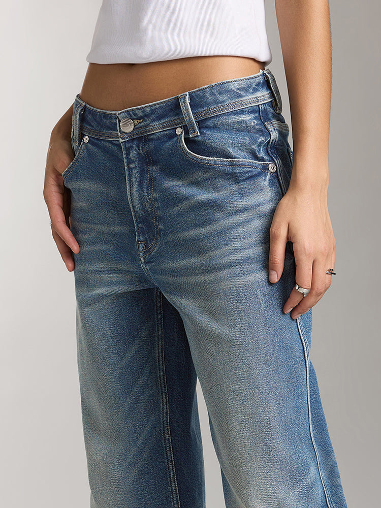 Vintage Denim Blue Washed Straight Fit Jeans