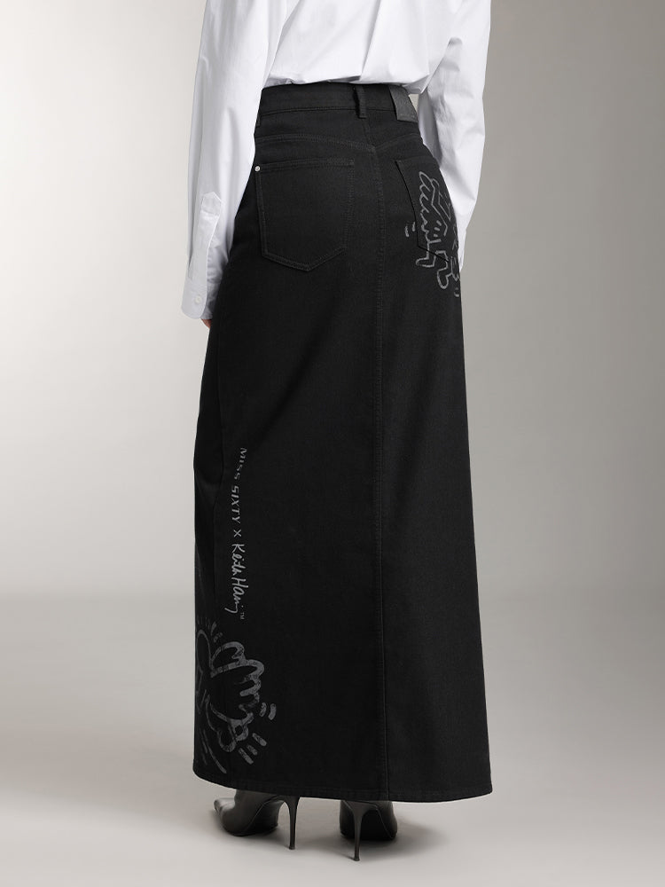 Miss Sixty X Keith Haring Capsule Collection Vintage Black And Gray Denim Maxi Skirt