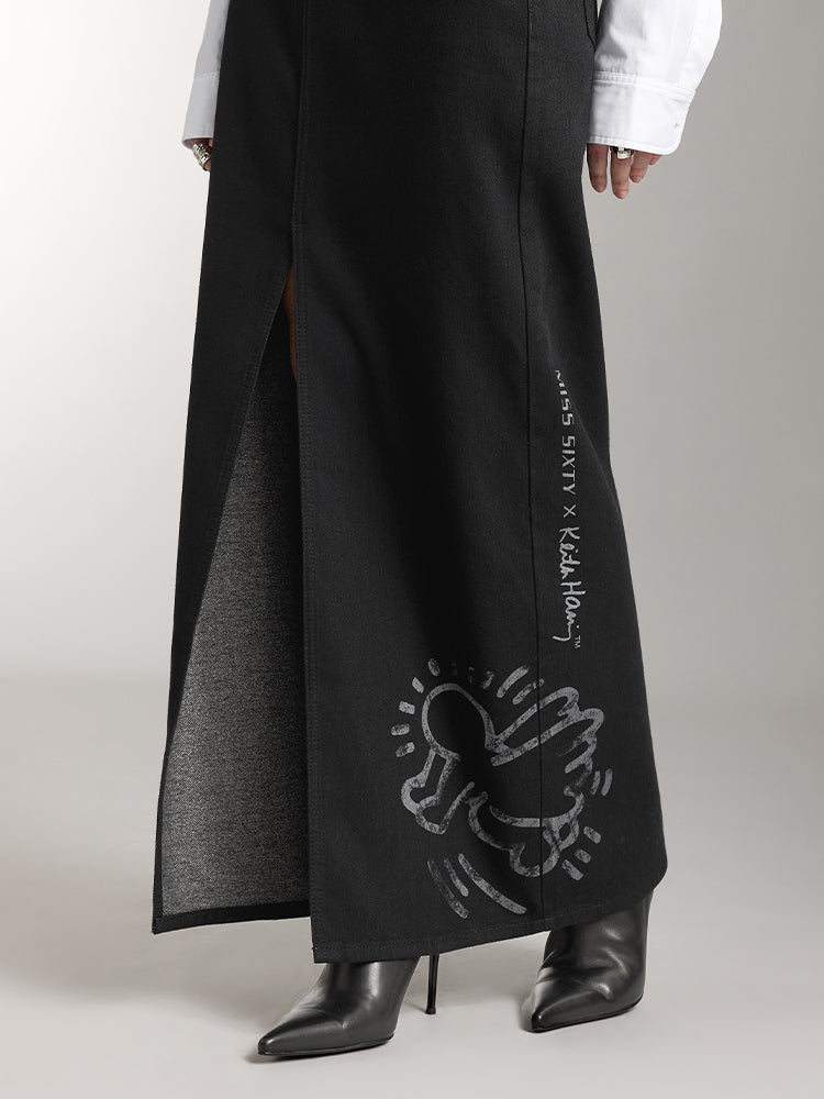 Miss Sixty X Keith Haring Capsule Collection Vintage Black And Gray Denim Maxi Skirt