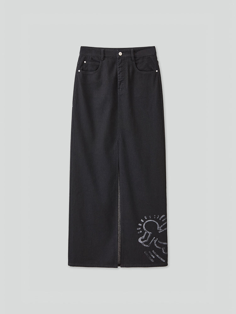 Miss Sixty X Keith Haring Capsule Collection Vintage Black And Gray Denim Maxi Skirt