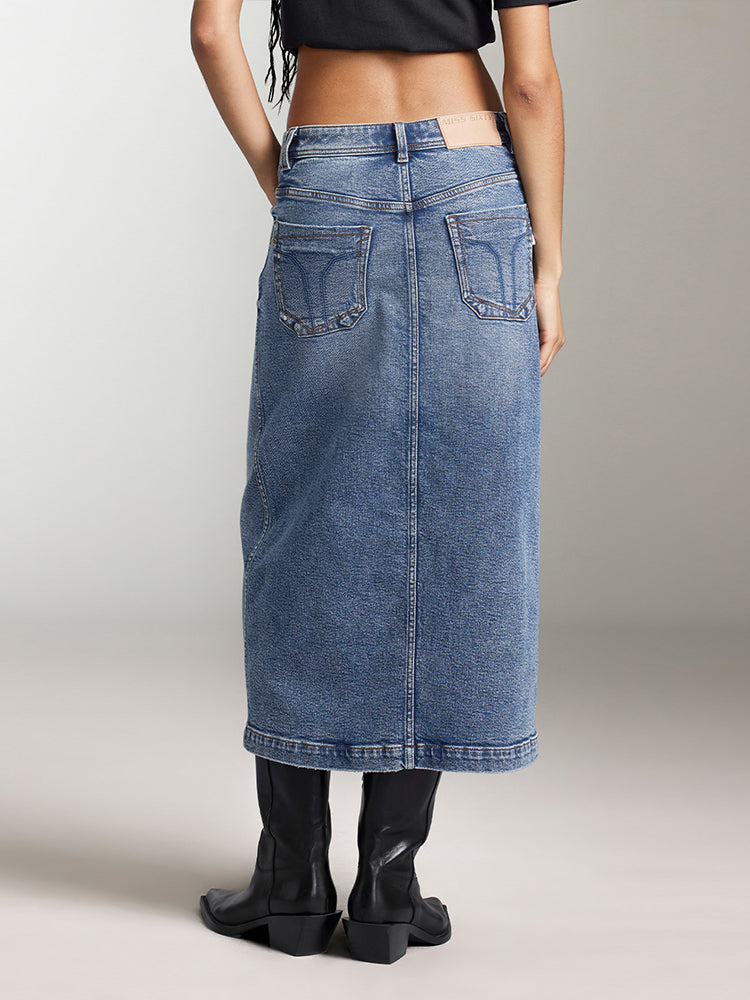 Slit Denim Maxi Skirt In Vintage Blue