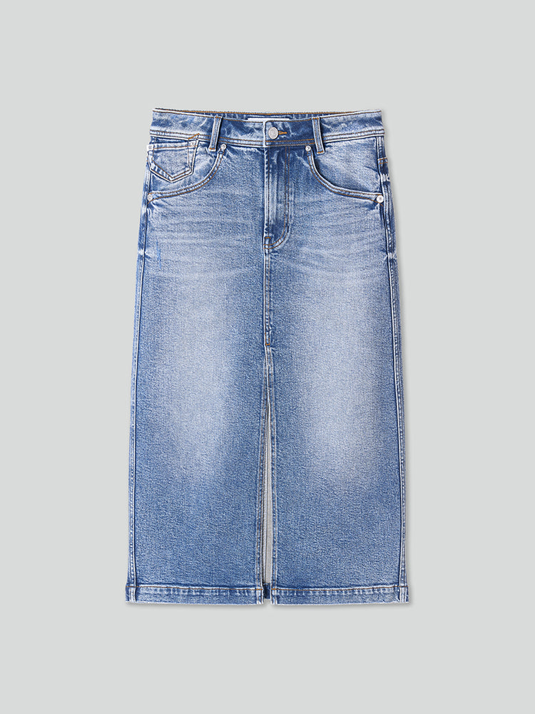 Slit Denim Maxi Skirt In Vintage Blue