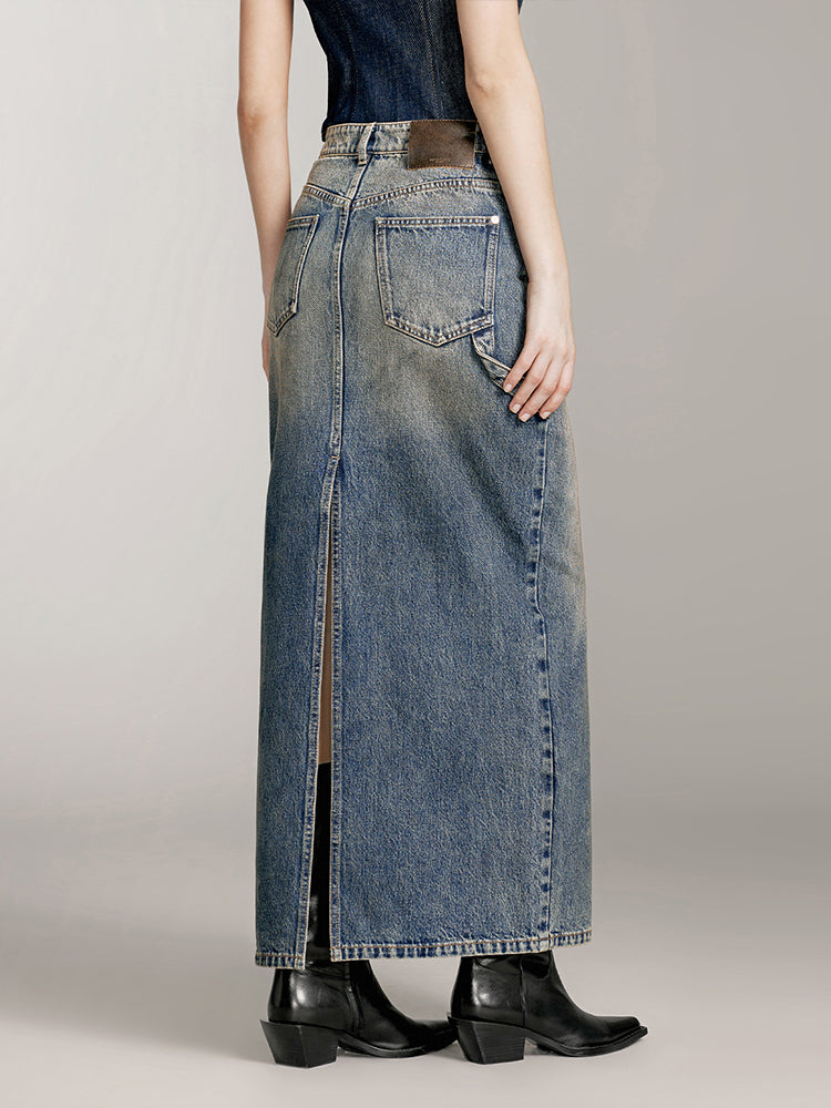 Vintage Slit Denim Maxi Skirt