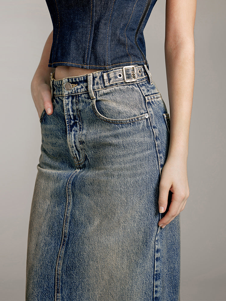 Vintage Slit Denim Maxi Skirt
