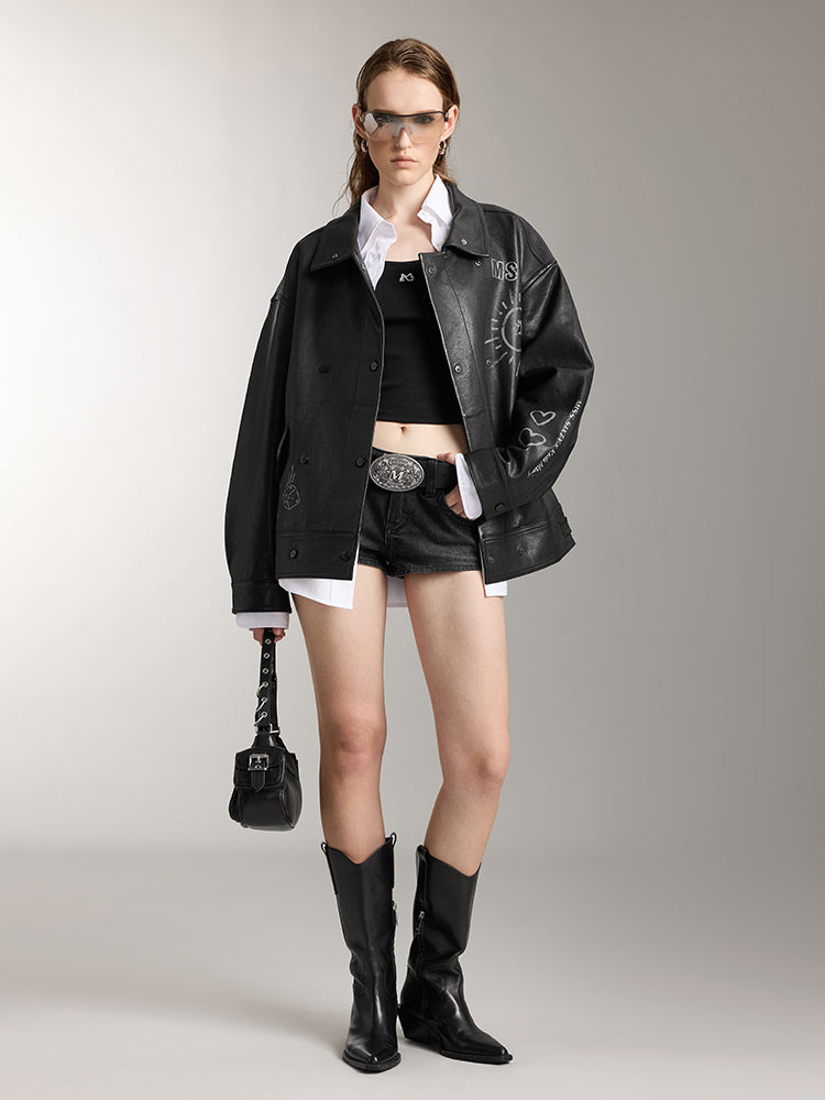 Miss Sixty X Keith Haring Capsule Collection Black Biker Leather Jacket With Printed