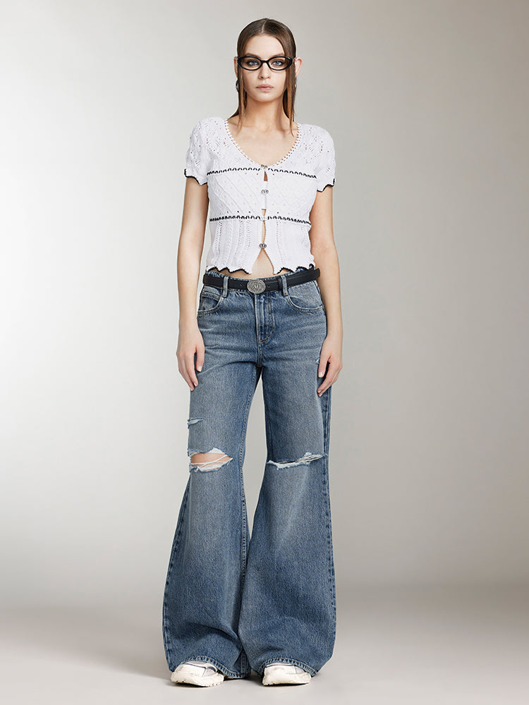 V-Neck Hollow Crochet Top