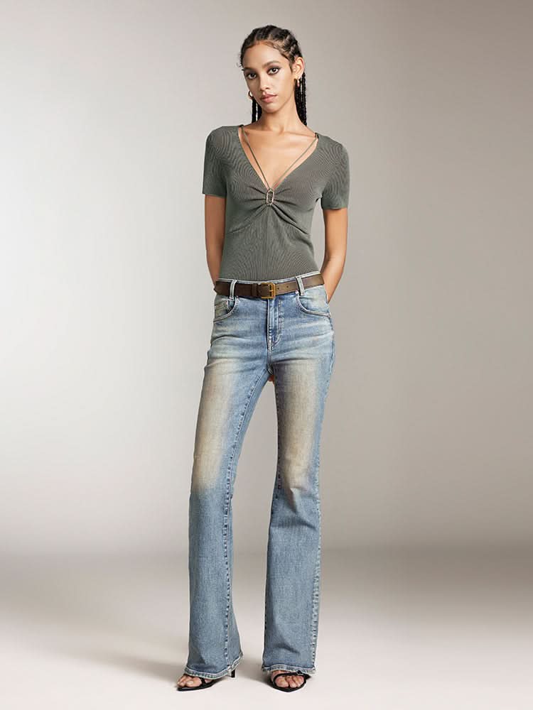V-Neck Cropped Top With Metal Buttons
