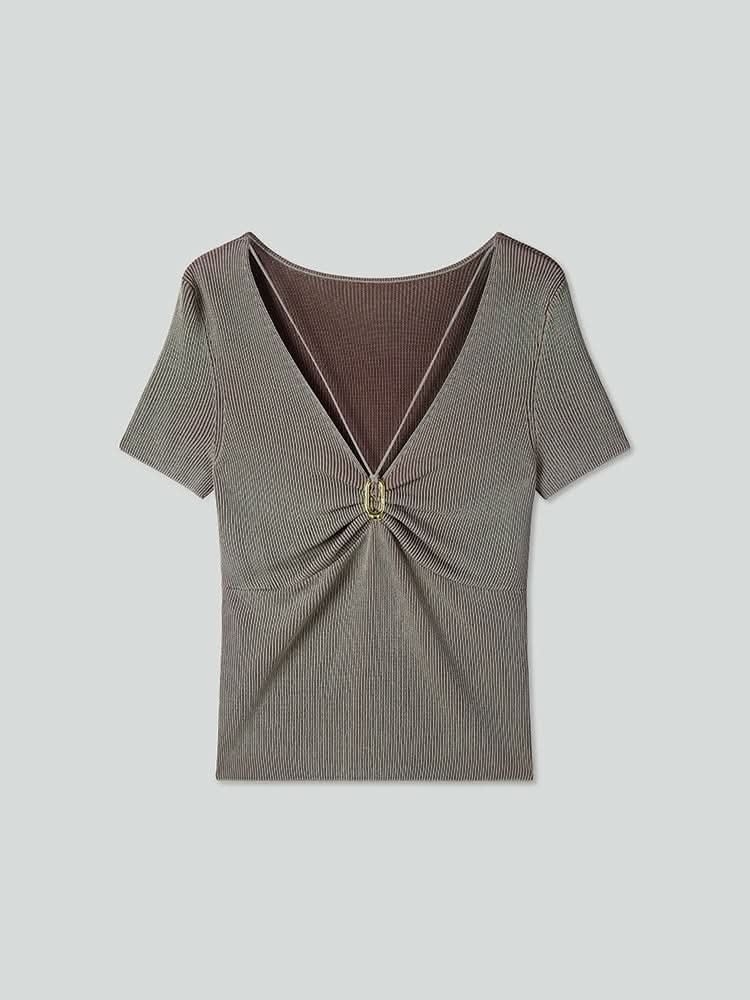 V-Neck Cropped Top With Metal Buttons