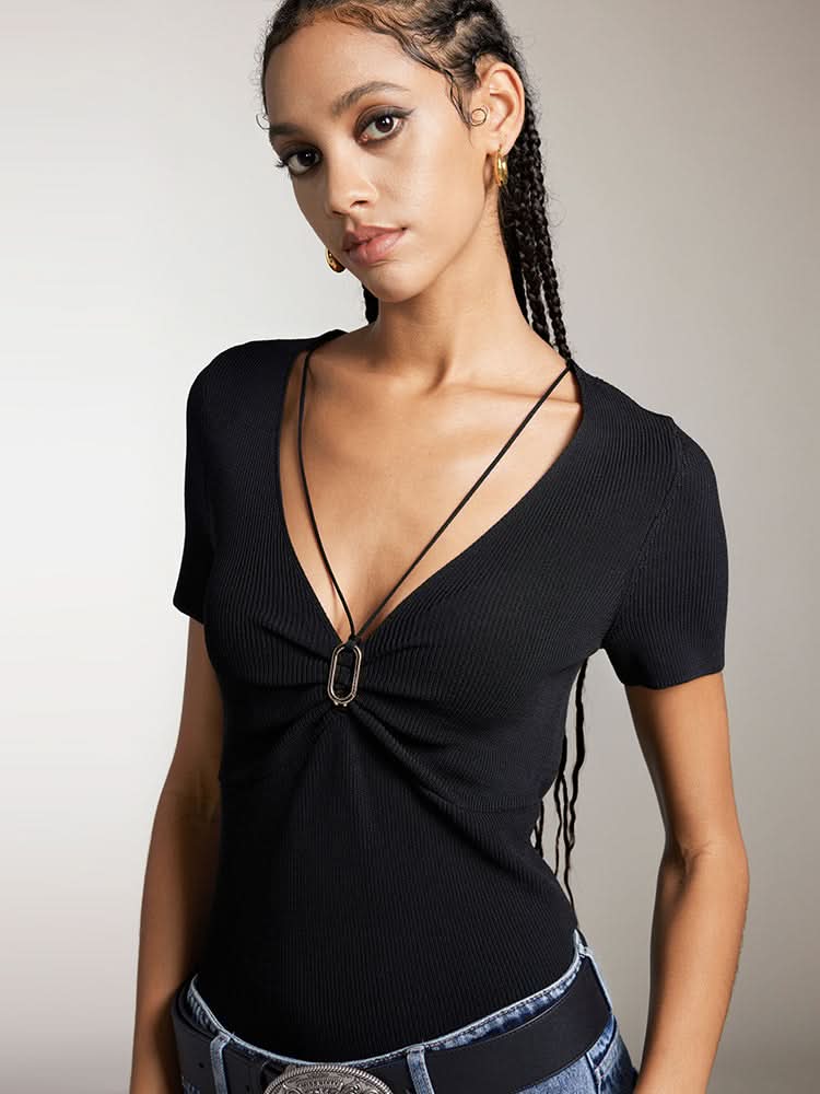 V-Neck Cropped Top With Metal Buttons