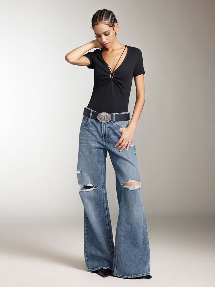 V-Neck Cropped Top With Metal Buttons