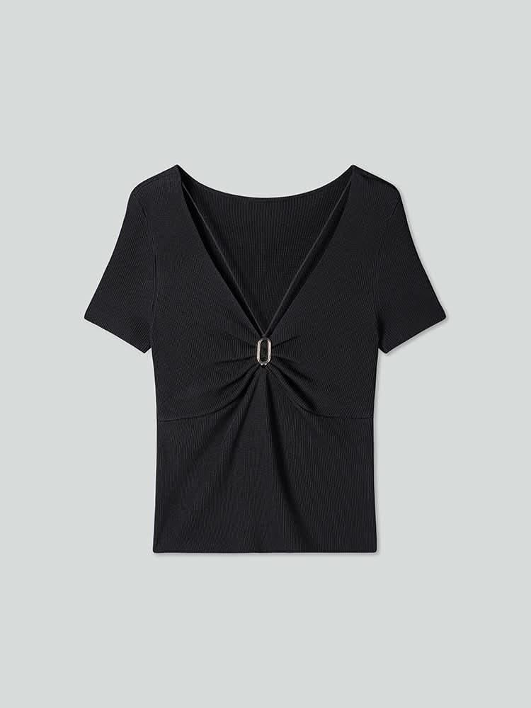 V-Neck Cropped Top With Metal Buttons